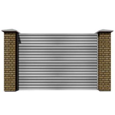 Секция забора жалюзи из ламелей еврожалюзи оцинкованных с кирпичными столбами анфас