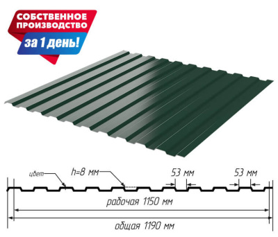 Профнастил (профлист) С-8 RAL6005 Зеленый мох 0.40мм эконом ширина 1.19(1,15)м с размерами профиля