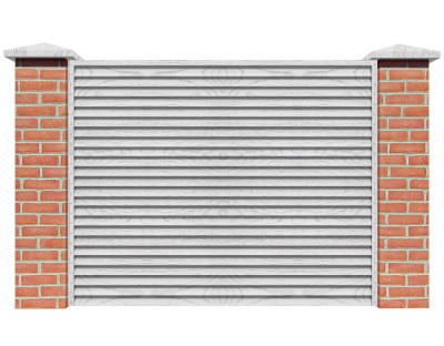 Секция забора жалюзи из ламелей Жалюзи ЭКО-Z Беленый Дуб Printech Корея с кирпичными столбами анфас