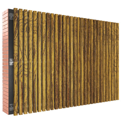 Декоративная рейка металлическая под дерево Орех Миланский 3D Принтек на фасаде в сборе